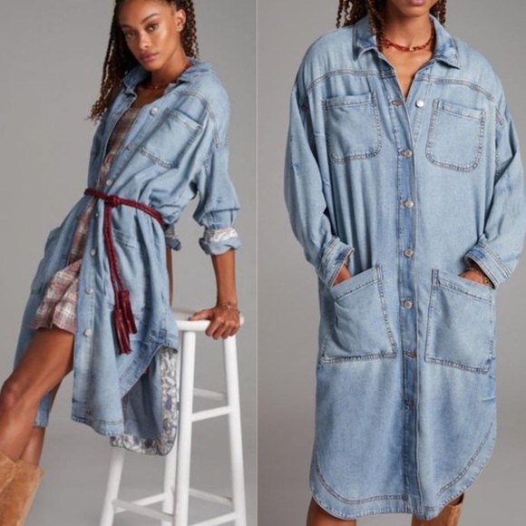 PILCRO women’s distressed Draped Denim Oversized Duster Jacket Button-Up - Picture 1 of 16